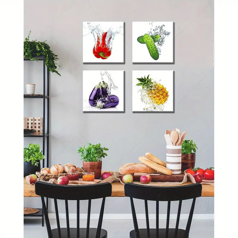 4pcs Cucumber, Eggplant, Pineapple & Pimento Wall Art Canvas Framed