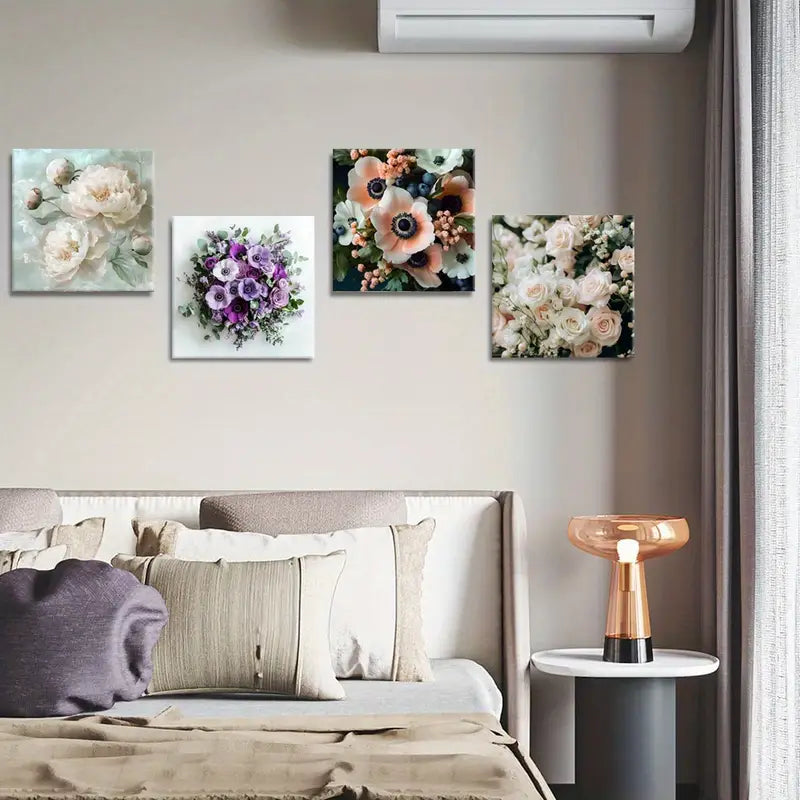 4pcs Flower Buds Painting, Leaf SD  Wall Art Canvas Framed