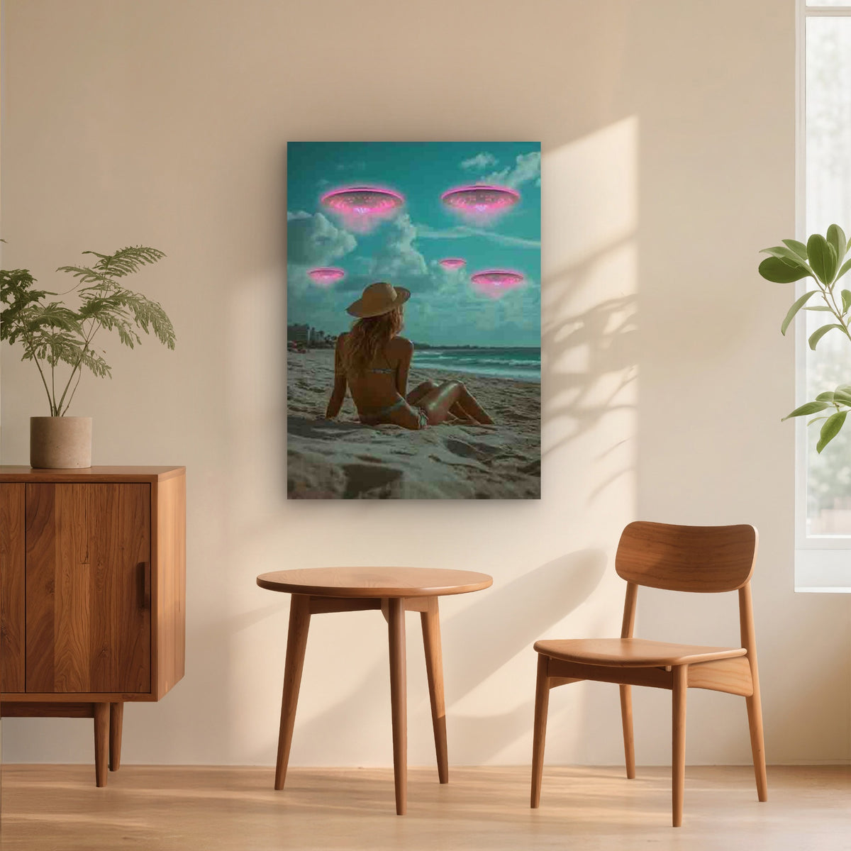 Woman on the Beach Looking at Pink UFOs 40x60cm Metal Print Ready to Hang