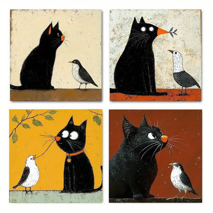 4pcs Whimsical Cat & Bird Wall Art Canvas Framed