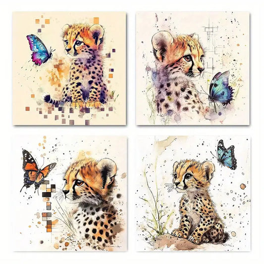 4pcs Cheetah With A Butterfly Wall Art Canvas Framed