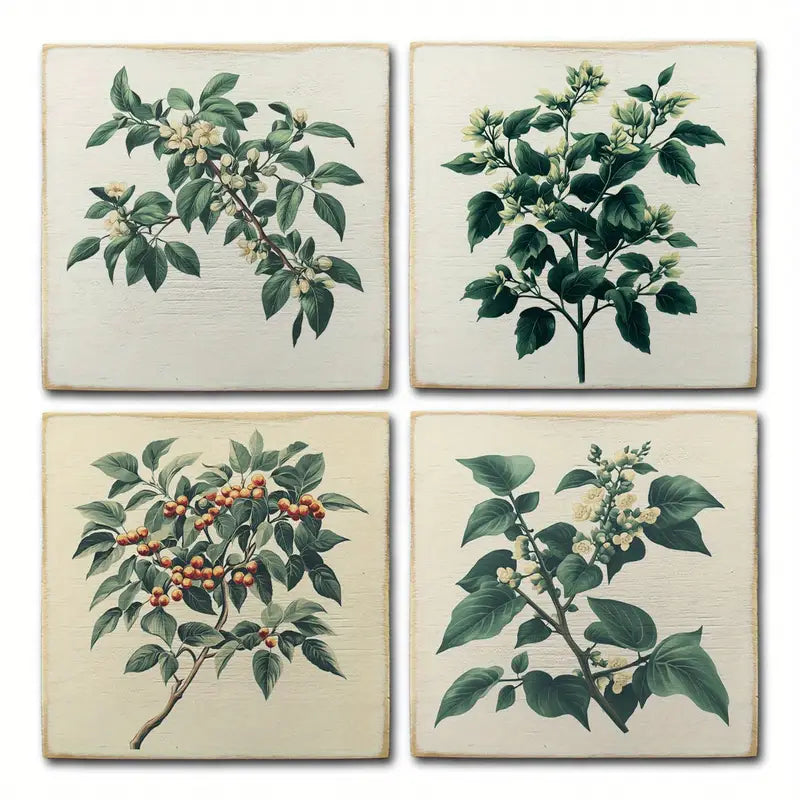 4pcs Green Trees With Flowers Wall Art Canvas Framed