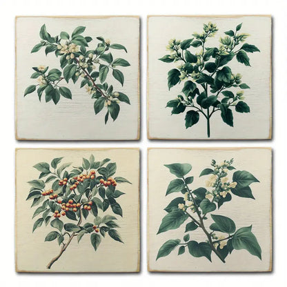 4pcs Green Trees With Flowers Wall Art Canvas Framed