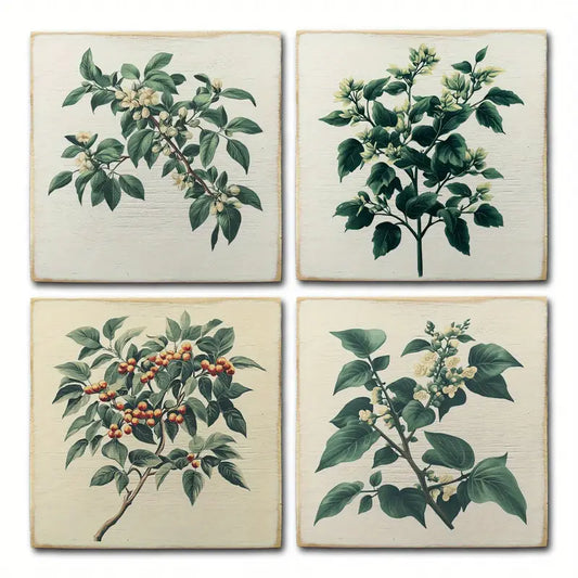 4pcs Green Trees With Flowers Wall Art Canvas Framed