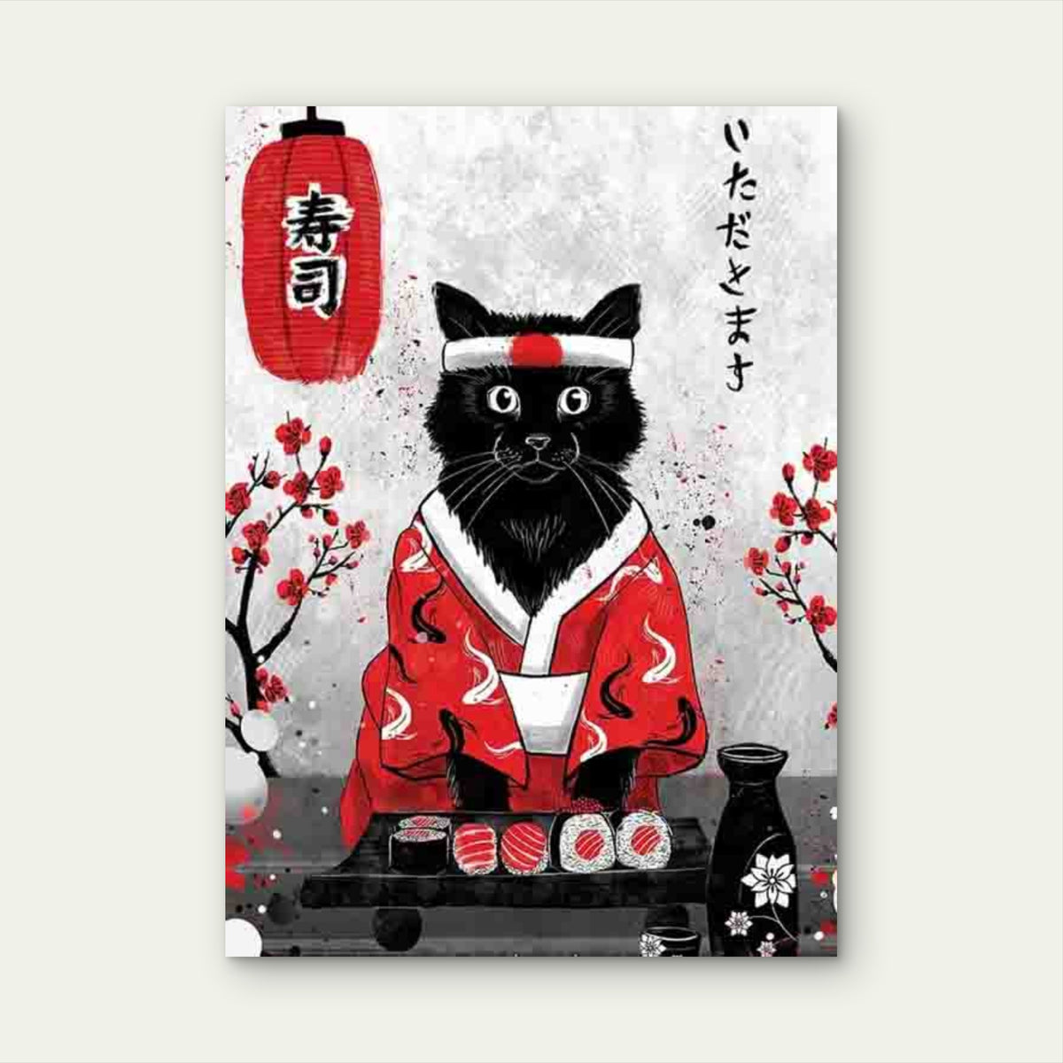 Black & White Cat, Sushi & Cherry Blossoms Metal Print Ready to Hang