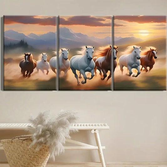3pcs Feng Shui Lucky Seven Horses Metal Print Ready to Hang Art
