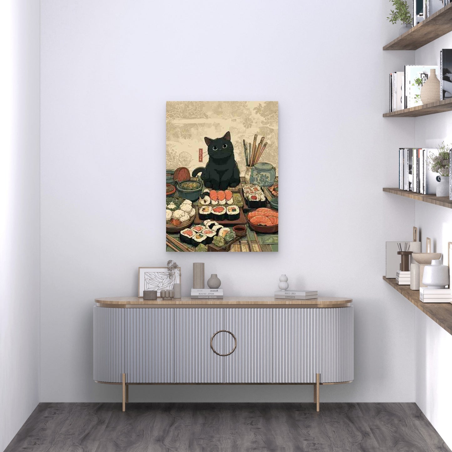 Black Cat & Sushi Rolls 60x90cm Metal Print Ready to Hang