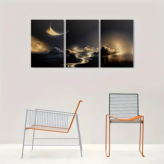3pcs Golden Moonlit Reflections Metal Print Ready to Hang Art