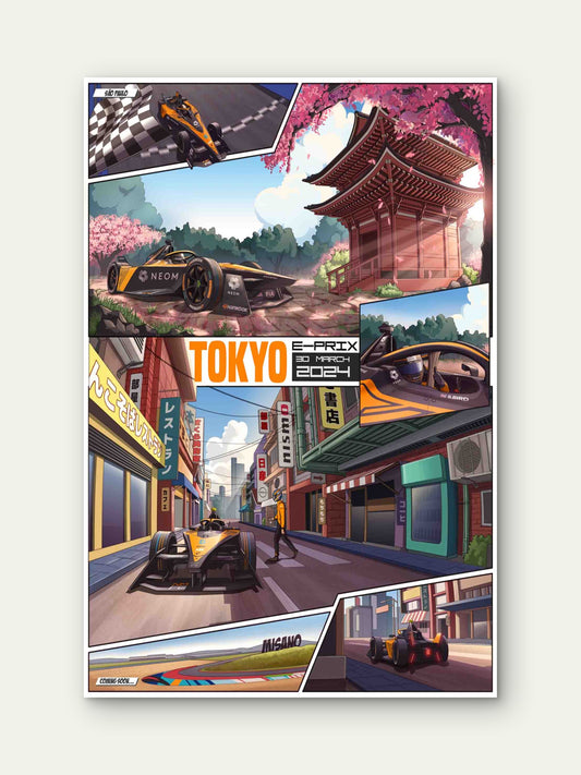 Comic Book Race Car Tokyo Grand Prix 60x90cm Metal Print Ready to Hang