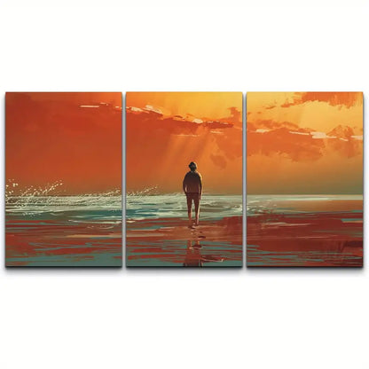 3pcs Lonely For Man On The Sea Under Sunset Metal Print Ready to Hang Art