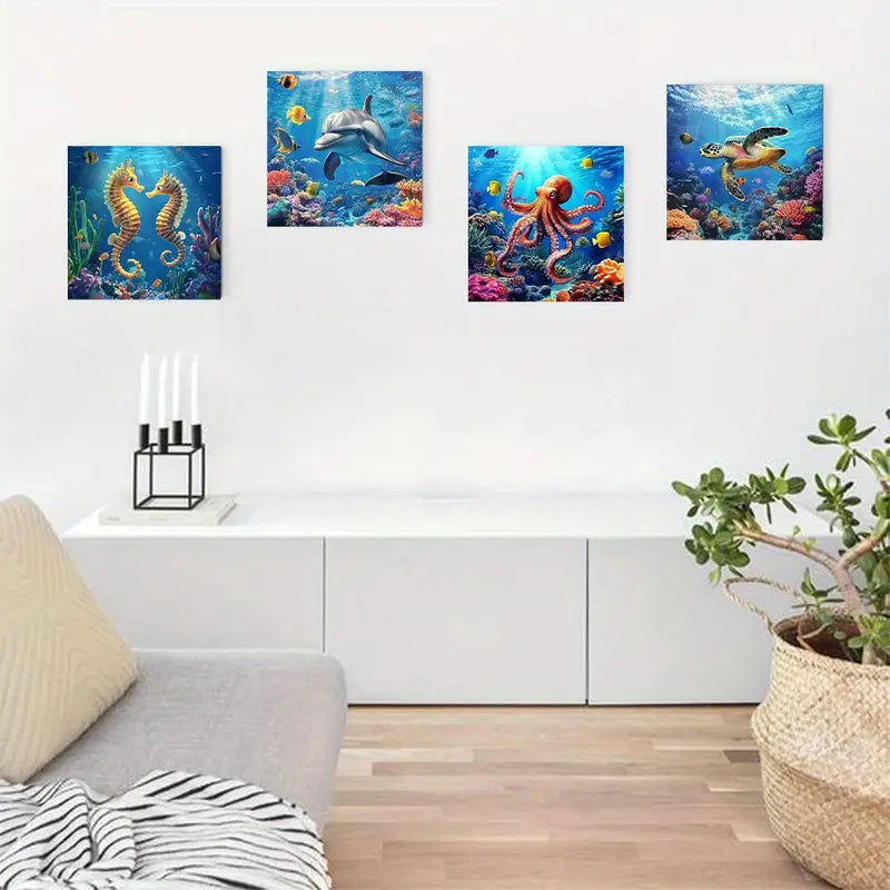 4pcs  Blue ocean turtle dolphin whale fish Print   Wall Art Canvas Framed