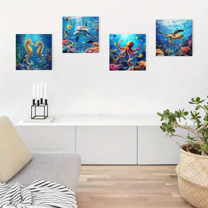 4pcs  Blue ocean turtle dolphin whale fish Print   Wall Art Canvas Framed