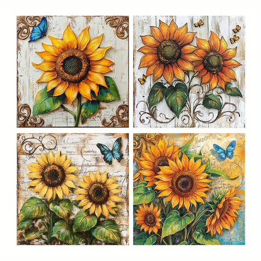 4pcs Sunflower,Butterfly Art Prints, Green Leaf Wall Art Canvas Framed