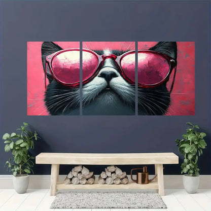 3pcs Chic Black & White Cat with Pink Glasses Metal Print Ready to Hang Art