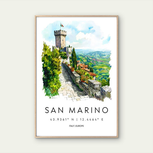San Marino Castle Tower Overlooking Valley View Travel Poster Print Wall Art