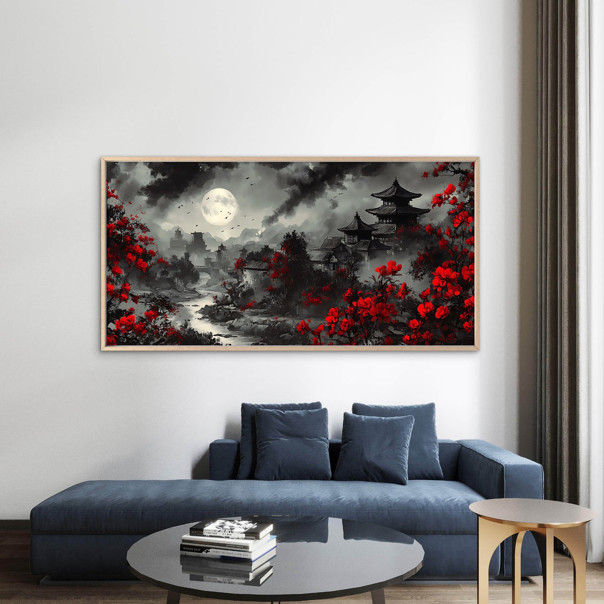 Japanese Riverside Pagoda Wall Art Canvas Office Home Room Framed 120x60cm