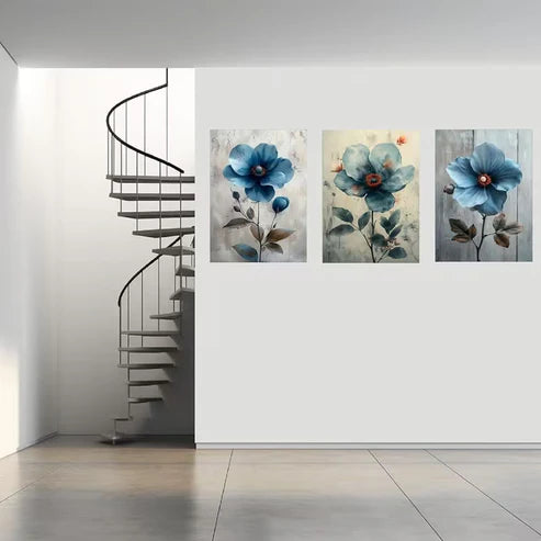 3pcs Modern Bohemian Blue And Gray Flowers Wall Art Set Canvas Framed 50x70cm - High Quality Print 100% Australian Made Wall Canvas Ready to Hang