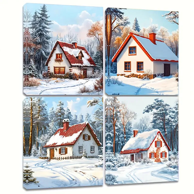 4pcs A Beautiful Little House In The Snow Wall Art Canvas Framed