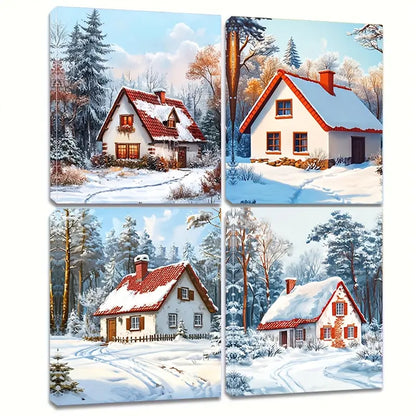 4pcs A Beautiful Little House In The Snow Wall Art Canvas Framed
