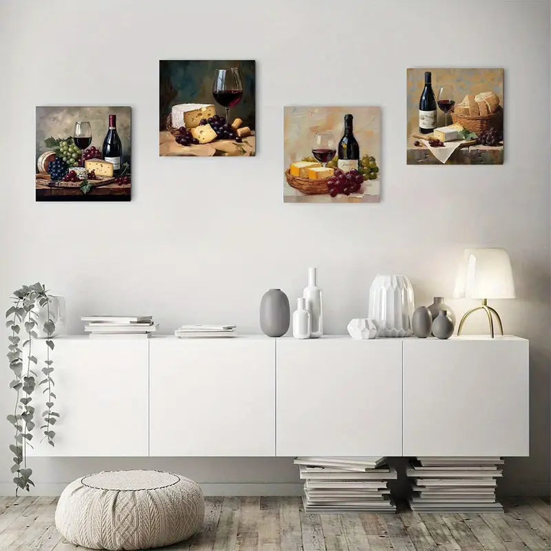 4pcs Retro Red Wine & Grape Pictur theme Wall Art Canvas Framed