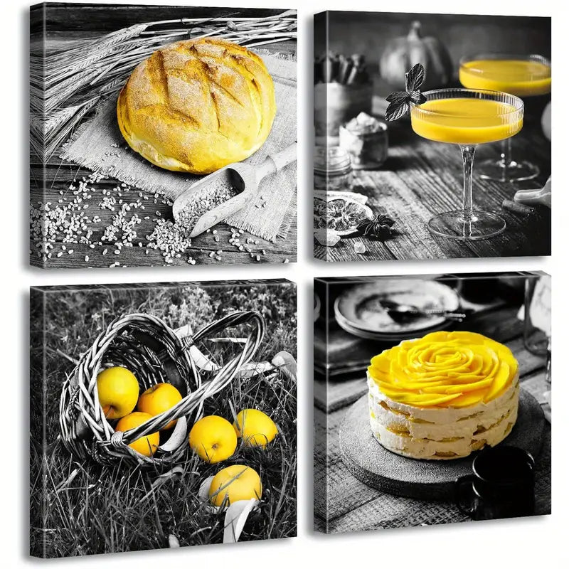 4pcs  Black and White Yellow  Wall Art Canvas Framed