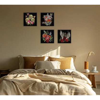 4pcs  Gothic Floral Skeleton Wall Art Canvas Framed