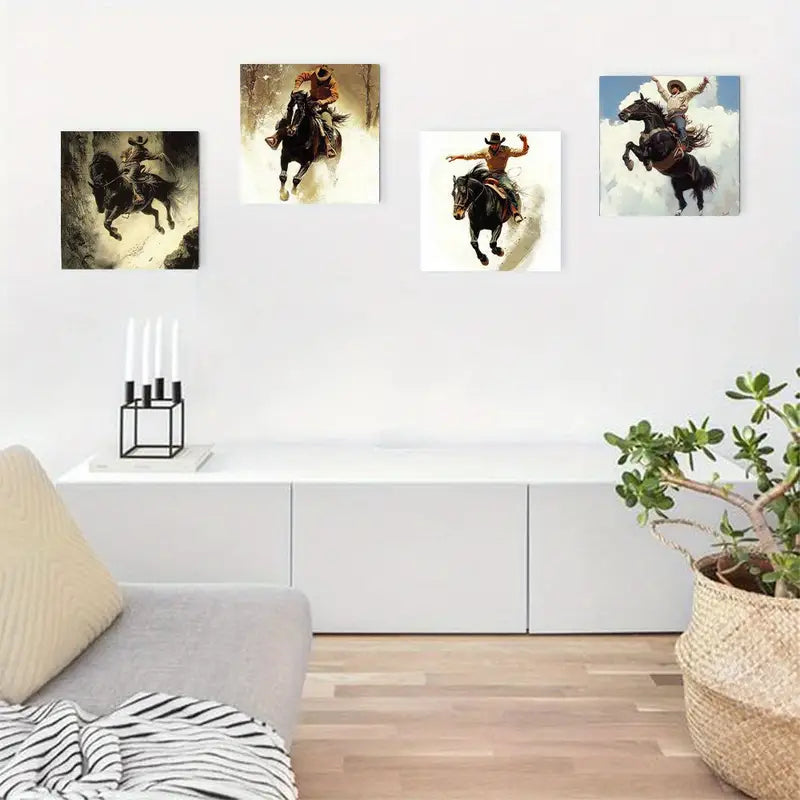 4pcs Man On Bucking Bronco Art Wall Art Canvas Framed
