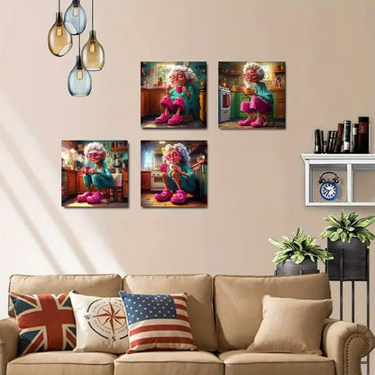 4pcs  Whimsical Crazy Old Lady  GH    Wall Art Canvas Framed