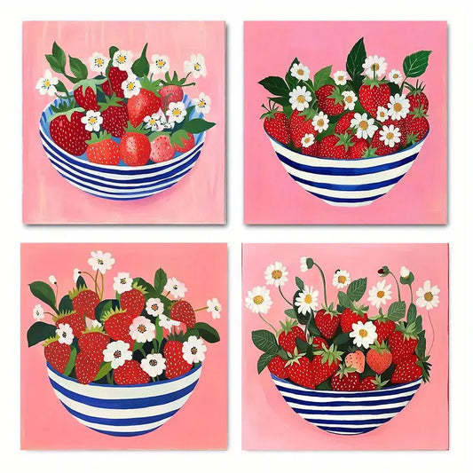 4pcs Vibrant Blue & White Bowl with Fresh  Wall Art Canvas Framed