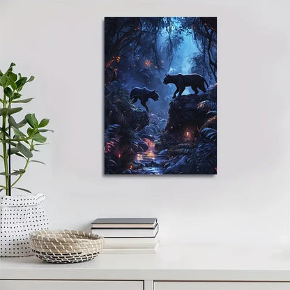 Panther Chase in Mystical Jungle with Ethereal 40x60cm Metal Print Ready to Hang