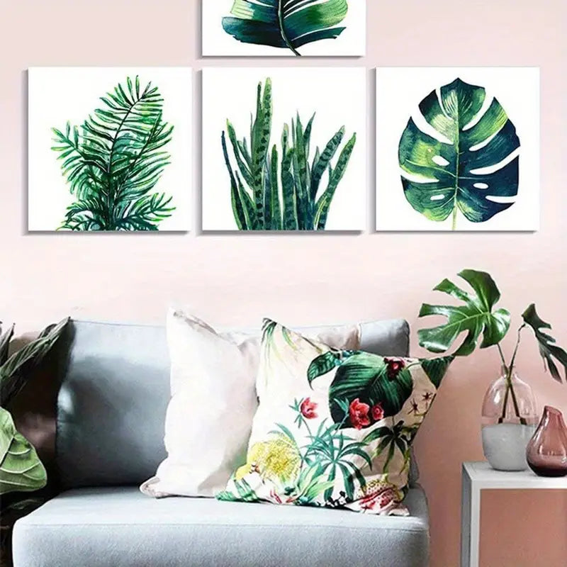 4pcs Tropical Plant Wall Art - Green Monstera Wall Art Canvas Framed