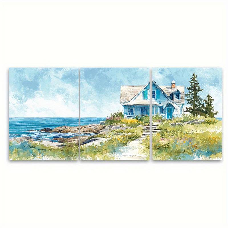 Watercolor Beach House Ocean Seascape Wall Art Set Canvas Framed 40x60cm - High Quality Print 100% Australian Made Wall Canvas Ready to Hang