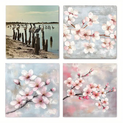 4pcs Cherry Blossoms Flowers Vintage Wall Art Canvas Framed