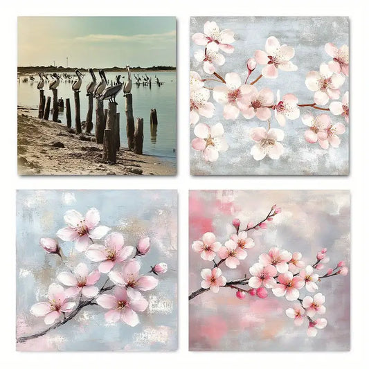 4pcs Cherry Blossoms Flowers Vintage Wall Art Canvas Framed