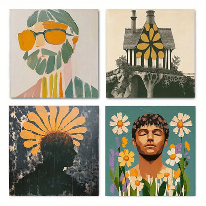 4pcs   Retro Sunflower in Neutral Boho Style  d  Wall Art Canvas Framed