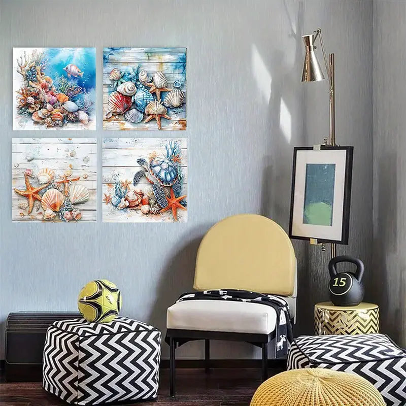 4pcs Watercolor Seahorse Starfish Seashell  Wall Art Canvas Framed