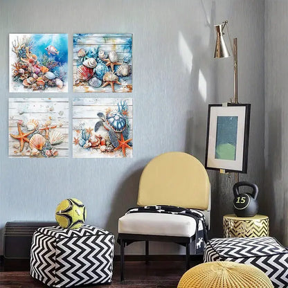 4pcs Watercolor Seahorse Starfish Seashell  Wall Art Canvas Framed