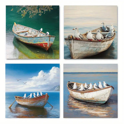 4pcs Coastal Seagull Coastal Seascape Sailboat  Wall Art Canvas Framed