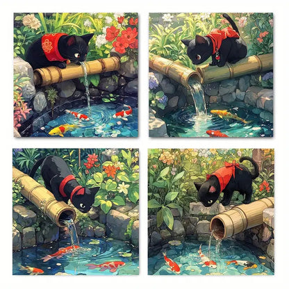 4pcs Charming Black Cat with Red Collar & Bell Wall Art Canvas Framed