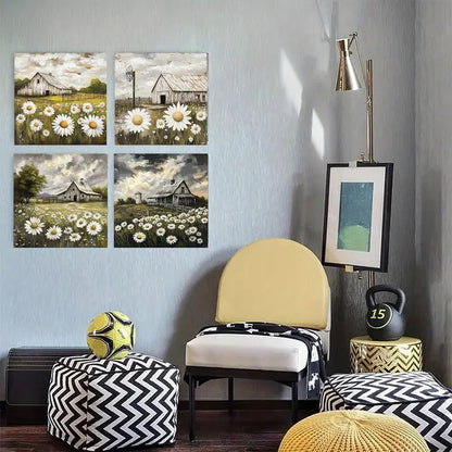 4pcs Windmill & Barnhouse Scenes, Wall Art Canvas Framed