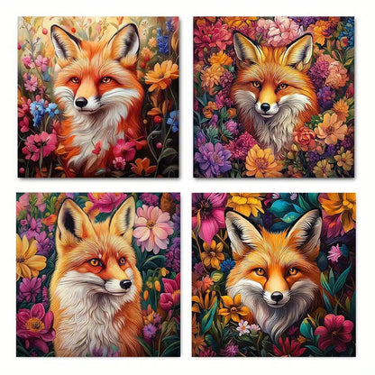 4pcs  Vibrant Floral Fox Designs Wall Art Canvas Framed