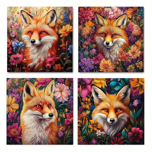 4pcs  Vibrant Floral Fox Designs Wall Art Canvas Framed