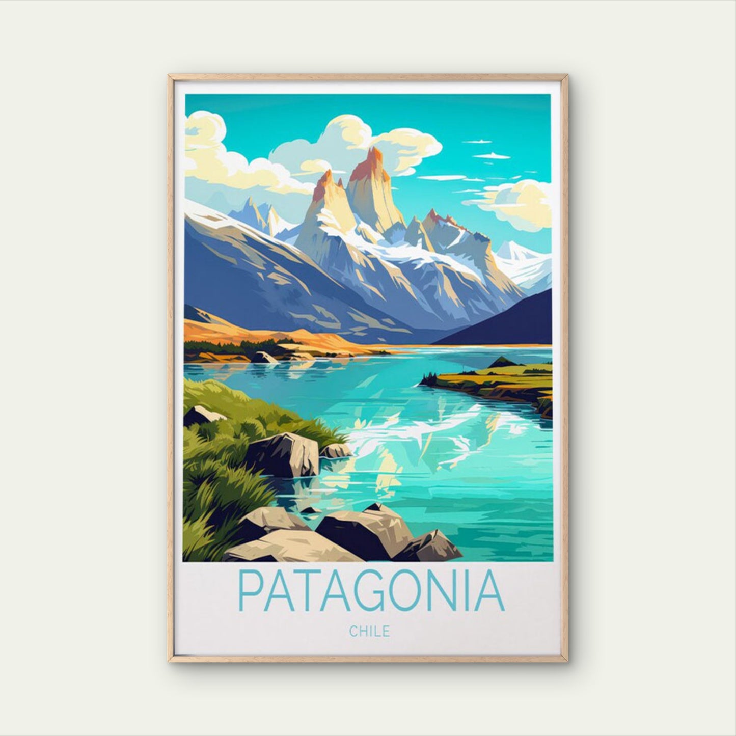 Patagonia Chile, River & Mountains Art Travel Poster Print Wall Art