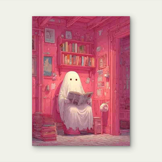 Spooky Cute Ghost Reading on Toilet 60x90cm Metal Print Ready to Hang