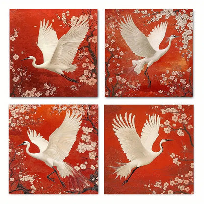 4pcs Red Crowned Crane In Flight With Cherry Blos  Wall Art Canvas Framed
