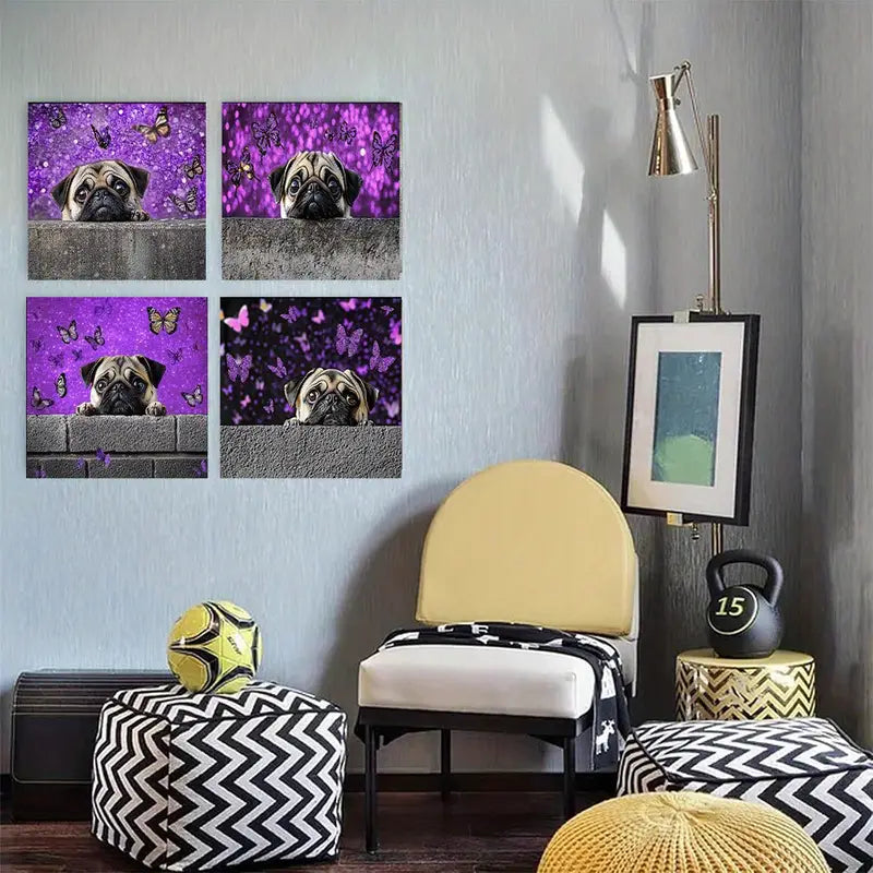 4pcs  Cute pugs and butterflies Picture Wall Art Canvas Framed