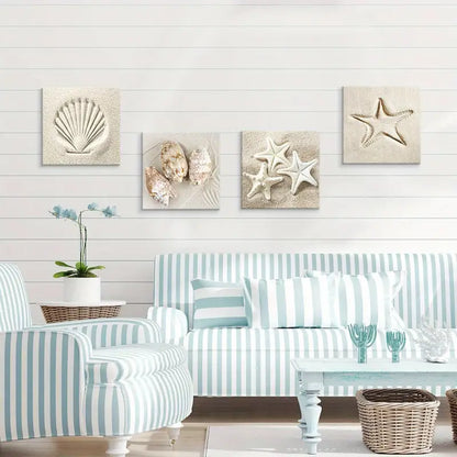 4pcsCoastal Seascape Conch Wall Art Canvas Framed