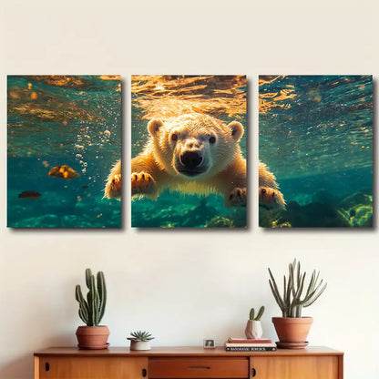 3pcs Polar Bear Swimming Underwater Wall Art Set Canvas Framed 60x90cm - High Quality Print 100% Australian Made Wall Canvas Ready to Hang