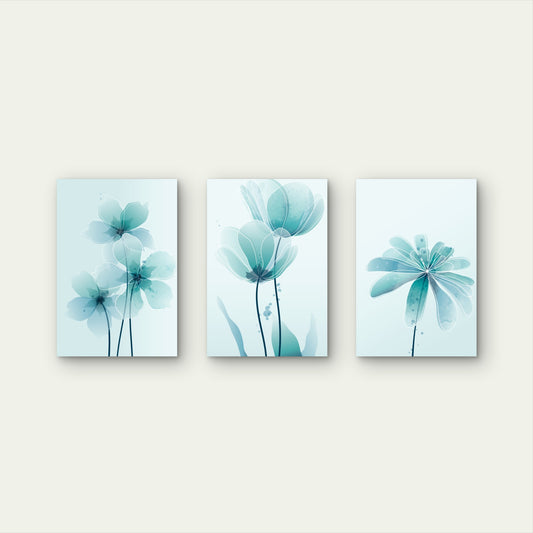 3pcs Teal Watercolor Floral Flower Art Wall Art Set Canvas Framed 40x60cm - High Quality Print 100% Australian Made Wall Canvas Ready to Hang