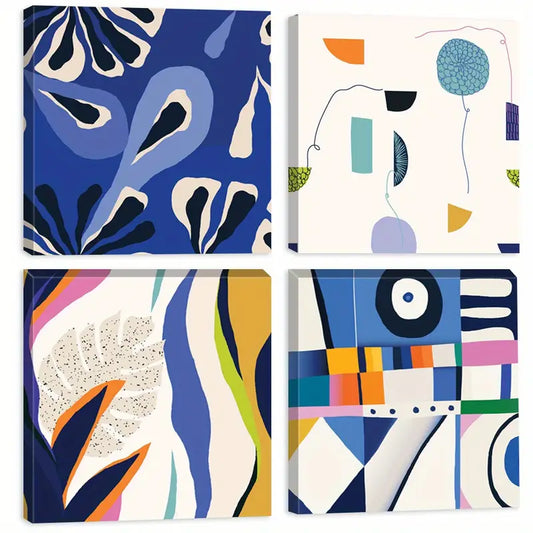 4pcs  Blue Tone Colorful Lines Wall Art Canvas Framed